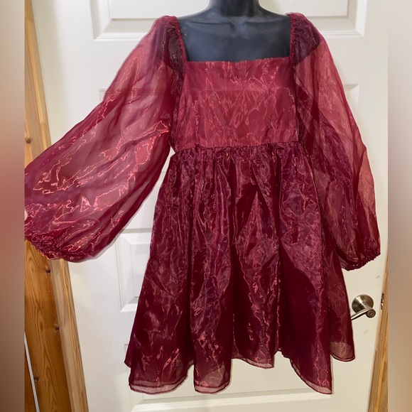 Altar'd State Women's Maroon Liz Babydoll Puff Sleeve Dress Size Large NWOT. - Picture 3 of 10